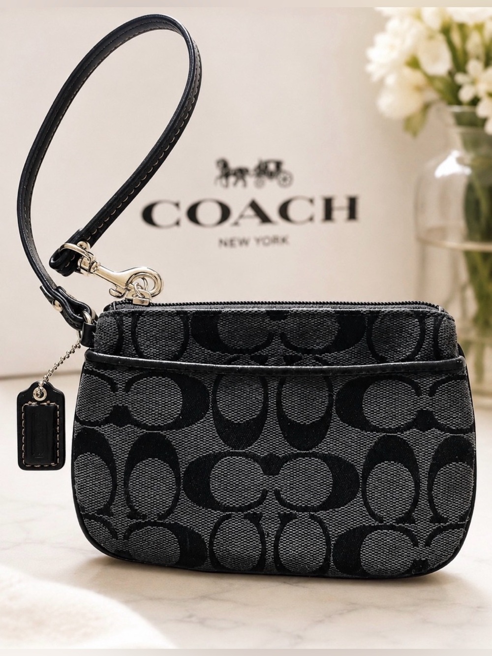 Coach Black Signature Canvas Wristlet with Leather Strap and Logo Tag